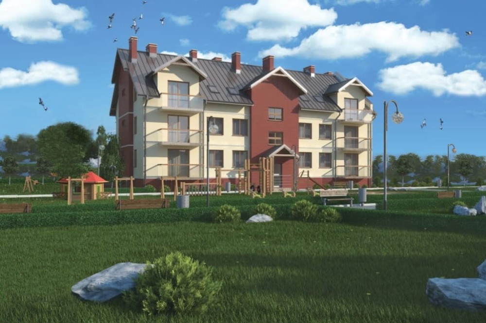 Projekt budynku wielorodzinnego DM-6487, piętrowy, z poddaszem użytkowym, podpiwniczony, z garażem wielostanowiskowym - kolorystyka wersja 4