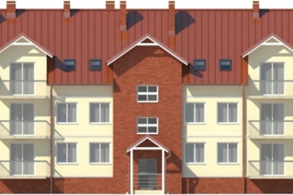 Projekt budynku wielorodzinnego DM-6487, piętrowy, z poddaszem użytkowym, podpiwniczony, z garażem wielostanowiskowym - elewacja frontowa