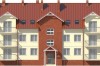 Projekt budynku wielorodzinnego DM-6487, piętrowy, z poddaszem użytkowym, podpiwniczony, z garażem wielostanowiskowym - elewacja frontowa
