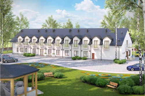 Projekt domu opieki dla osób starszych K-67, parterowy z poddaszem użytkowym, niepodpiwniczony, bez garażu - kolorystyka wersja 1