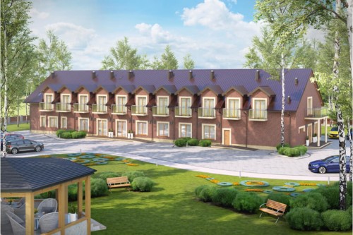 Projekt domu opieki dla osób starszych K-67, parterowy z poddaszem użytkowym, niepodpiwniczony, bez garażu - kolorystyka wersja 2