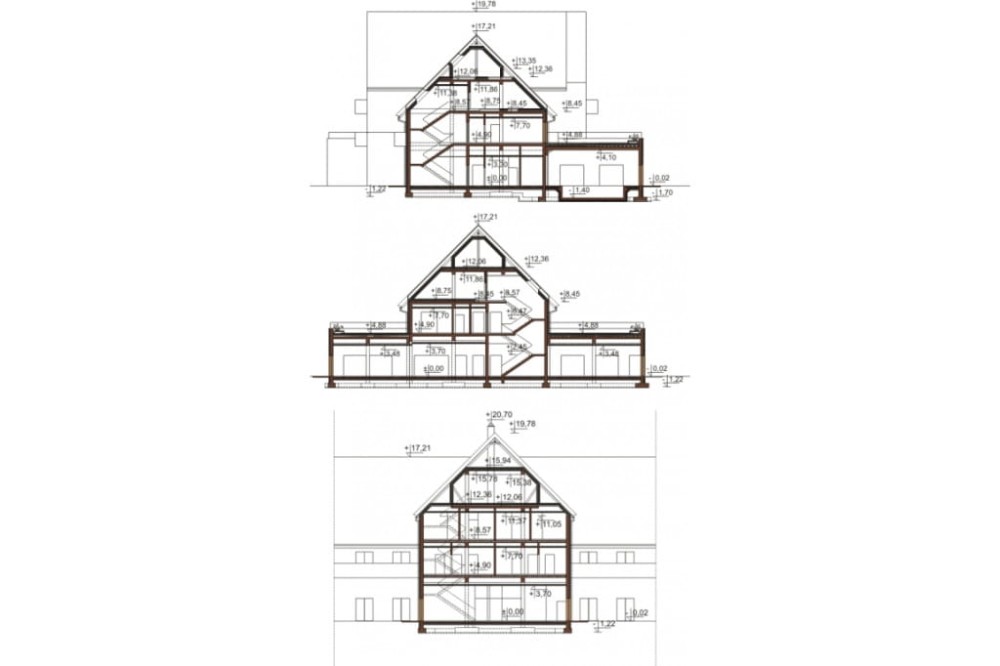 Projekt hotelu K-81, niepodpiwniczony, trzykondygnacyjny, ze strychem - przekrój A-A