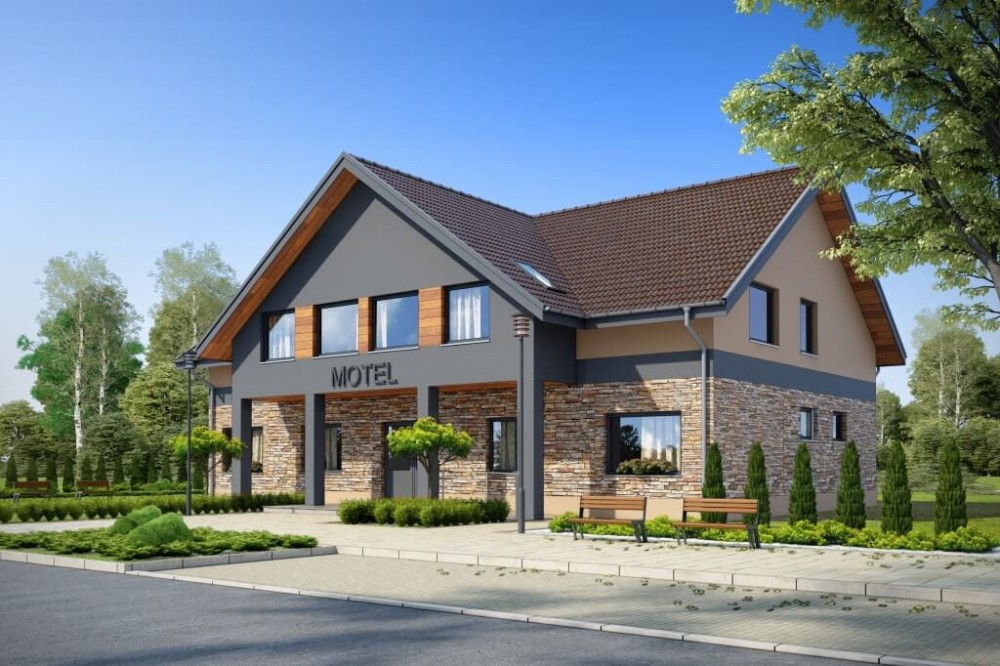 Projekt motelu K-61 D, parterowy z poddaszem użytkowym, niepodpiwniczony, bez garażu - kolorystyka wersja 2