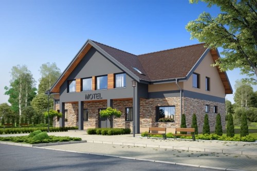 Projekt motelu K-61 D, niepodpiwniczony, posiada 2 kondygnacje nadziemne - wizualizacja elewacji