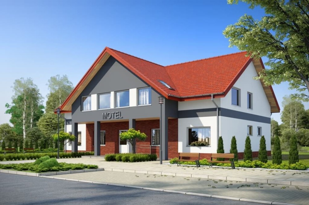 Projekt motelu K-61 D, parterowy z poddaszem użytkowym, niepodpiwniczony, bez garażu - kolorystyka wersja 3