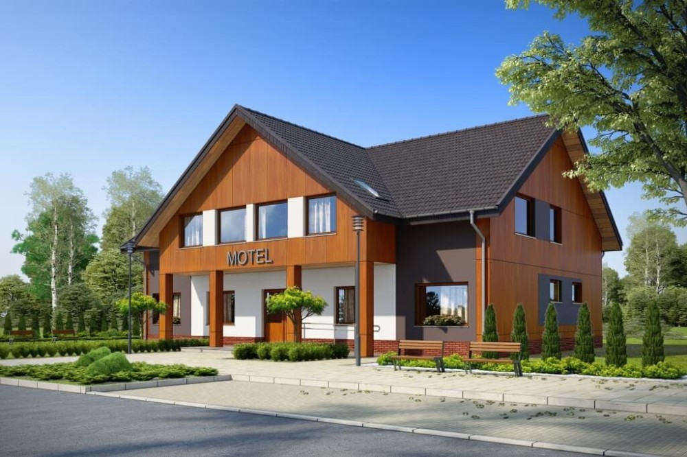Projekt motelu K-61 D, parterowy z poddaszem użytkowym, niepodpiwniczony, bez garażu - kolorystyka wersja 4