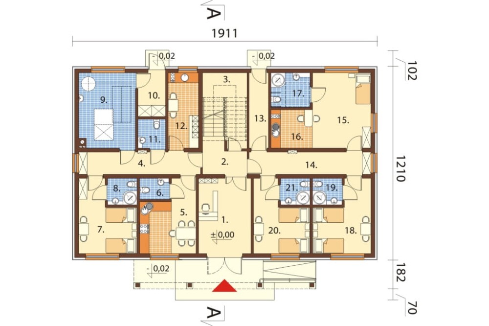 Projekt motelu K-61 D, parterowy z poddaszem użytkowym, niepodpiwniczony, bez garażu - rzut parteru