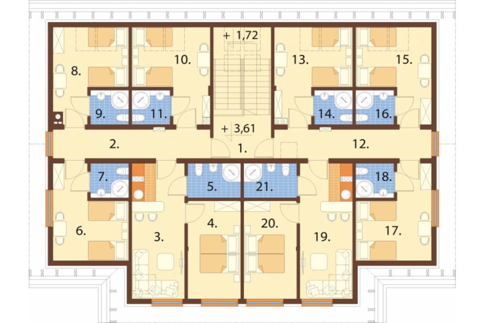 Projekt motelu K-61 D, parterowy z poddaszem użytkowym, niepodpiwniczony, bez garażu - rzut poddasza