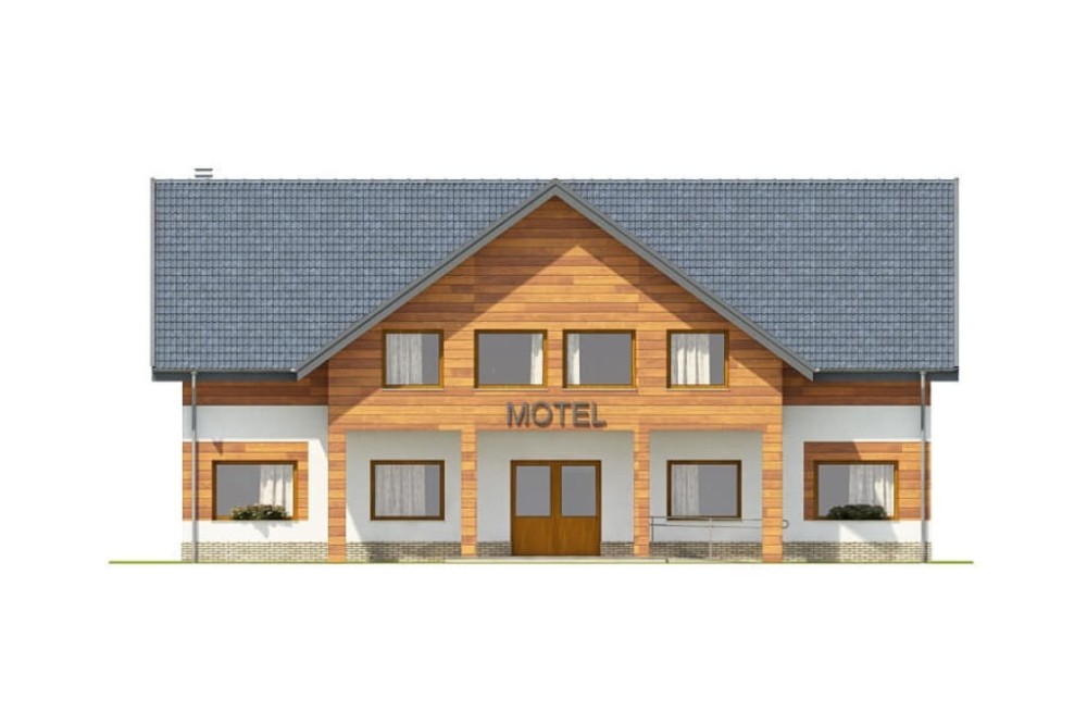 Projekt motelu K-61 D, parterowy z poddaszem użytkowym, niepodpiwniczony, bez garażu - elewacja frontowa