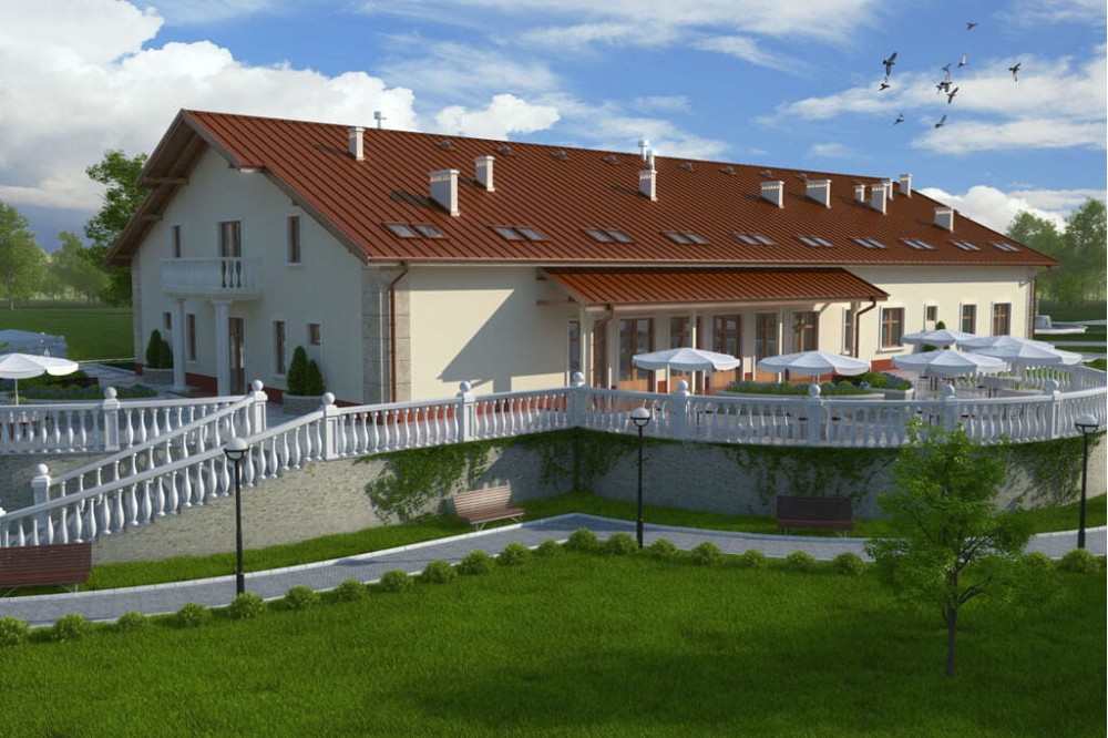 Projekt pensjonatu K-31,  parterowy z poddaszem użytkowym, bez podpiwniczenia, bez garażu - kolorystyka wersja 4