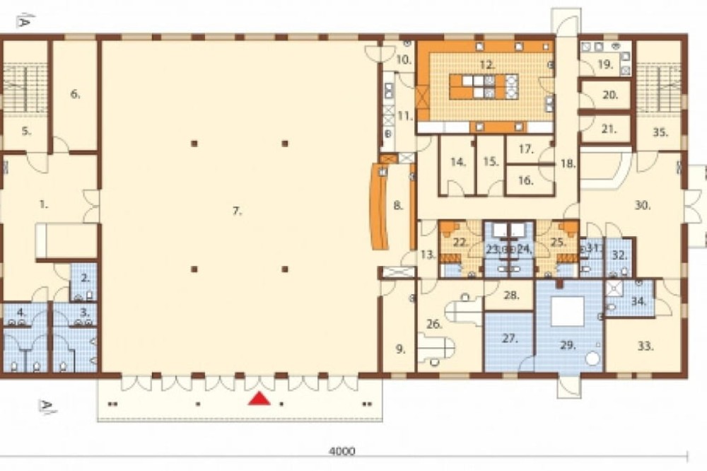 Projekt pensjonatu K-31,  parterowy z poddaszem użytkowym, bez podpiwniczenia, bez garażu - rzut parteru