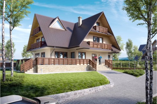 Projekt domu Zakopane DM-6551, piętrowy z poddaszem mieszkalnym, podpiwniczony, z garażem - kolorystyka wersja 2