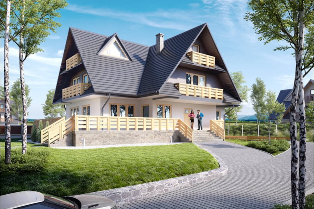 Projekt domu Zakopane DM-6551, piętrowy z poddaszem mieszkalnym, podpiwniczony, z garażem - kolorystyka wersja 3