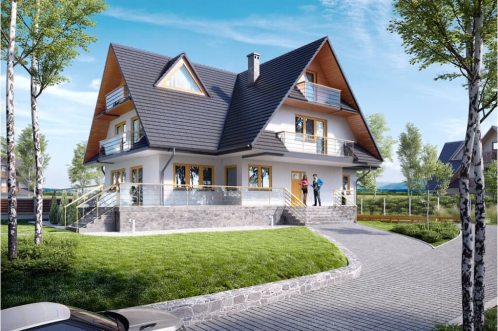 Projekt domu Zakopane DM-6551, piętrowy z poddaszem mieszkalnym, podpiwniczony, z garażem - kolorystyka wersja 4