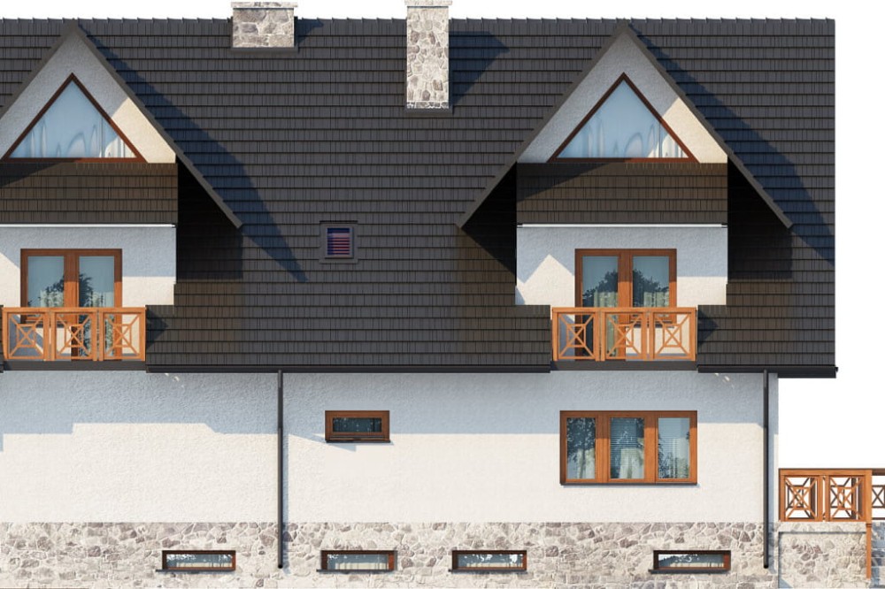 Projekt domu Zakopane DM-6551, piętrowy z poddaszem mieszkalnym, podpiwniczony, z garażem - elewacja ogrodowa