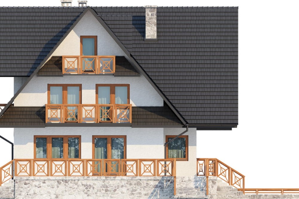 Projekt domu Zakopane DM-6551, piętrowy z poddaszem mieszkalnym, podpiwniczony, z garażem - elewacja lewa