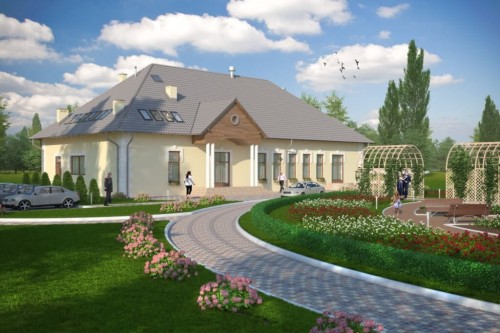 Projekt domu weselnego K-42, parterowy z antresolą, bez podpiwniczenia, bez garażu - kolorystyka wersja 1