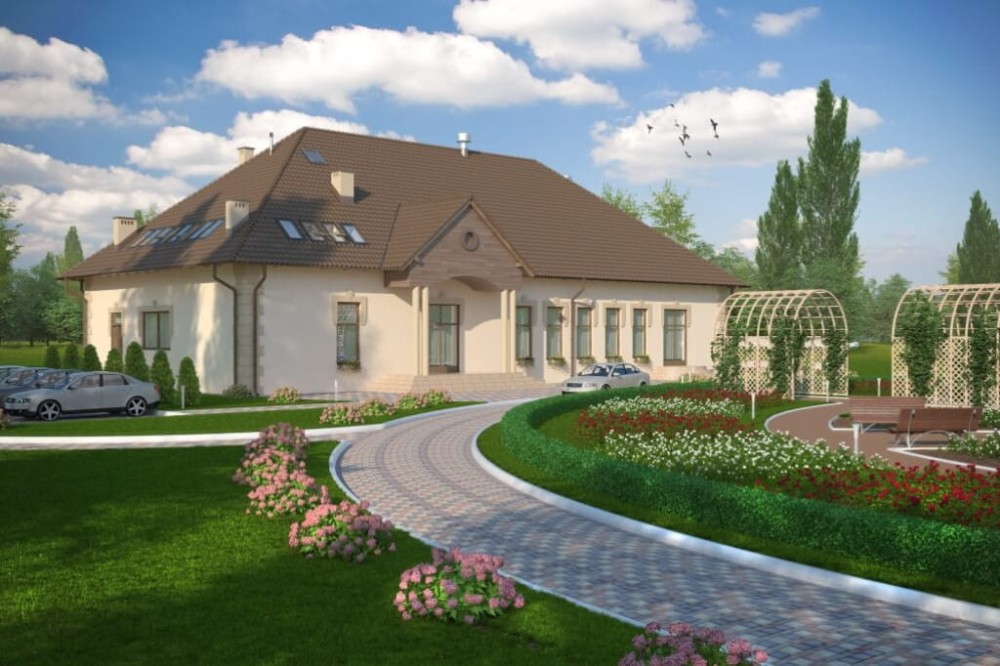 Projekt domu weselnego K-42, parterowy z antresolą, bez podpiwniczenia, bez garażu - kolorystyka wersja 2