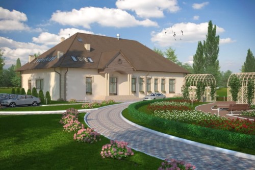 Projekt domu weselnego K-42, parterowy z antresolą, bez podpiwniczenia, bez garażu - kolorystyka wersja 2