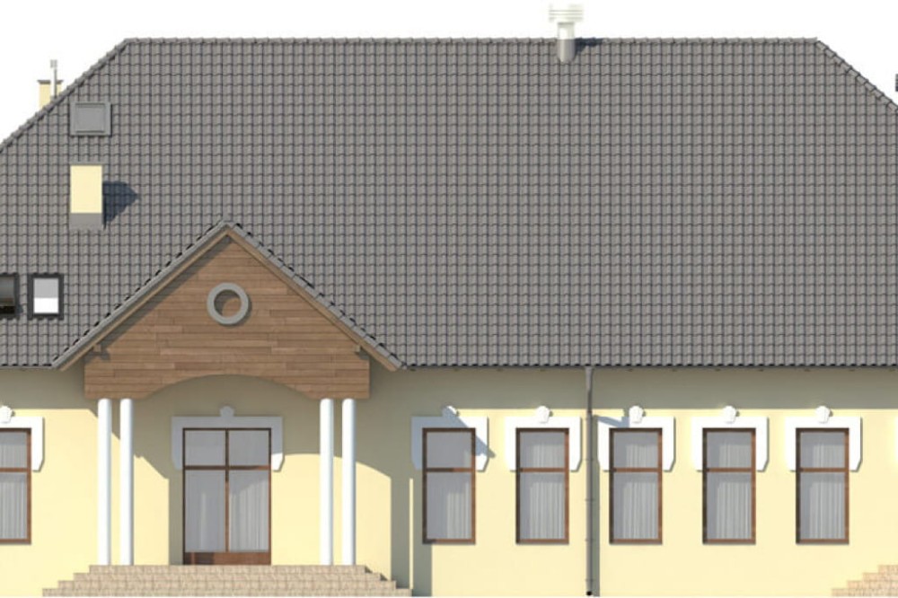 Projekt domu weselnego K-42, parterowy z antresolą, bez podpiwniczenia, bez garażu - elewacja frontowa