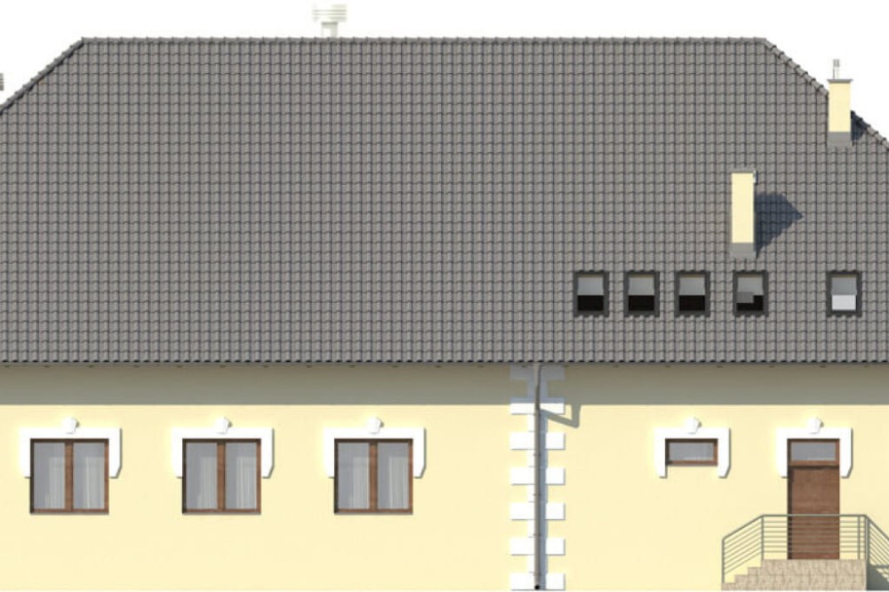 Projekt domu weselnego K-42, parterowy z antresolą, bez podpiwniczenia, bez garażu - elewacja ogrodowa