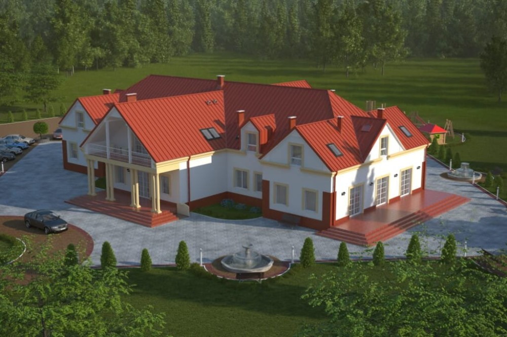 Projekt pensjonatu, domu weselnego K-36, parterowy z poddaszem użytkowym, bez podpiwniczenia, bez garażu - kolorystyka wersja 4