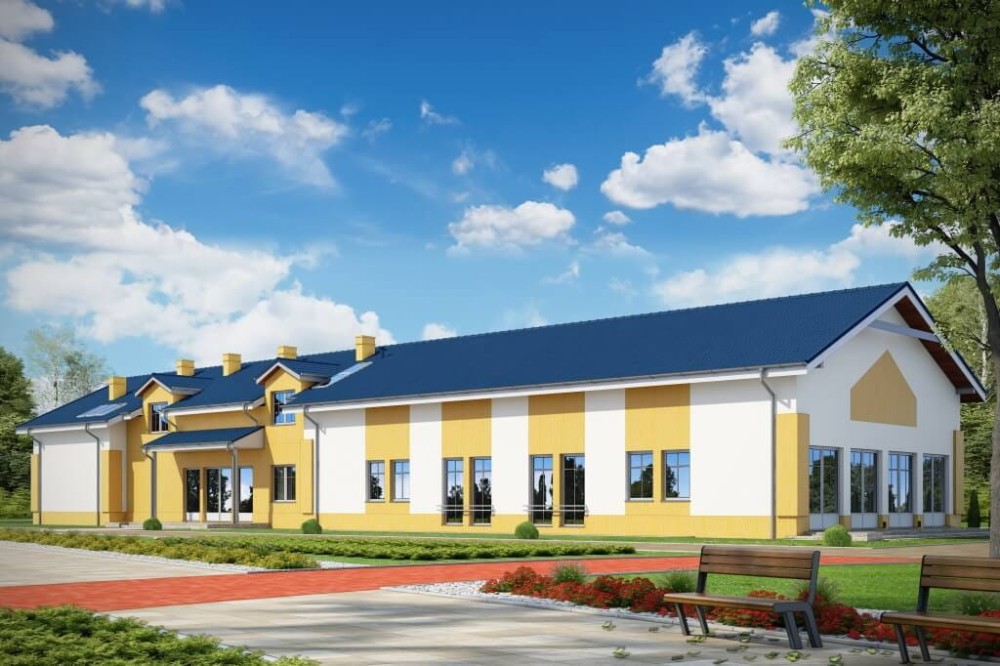 Projekt budynku gastronomicznego z zapleczem noclegowym K-110, niepodpiwniczony z parterem i poddaszem użytkowym-kolorystyka wersja 1