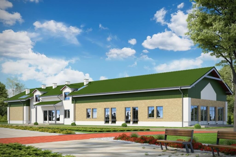 Projekt budynku gastronomicznego z zapleczem noclegowym K-110, niepodpiwniczony z parterem i poddaszem użytkowym-kolorystyka wersja 3