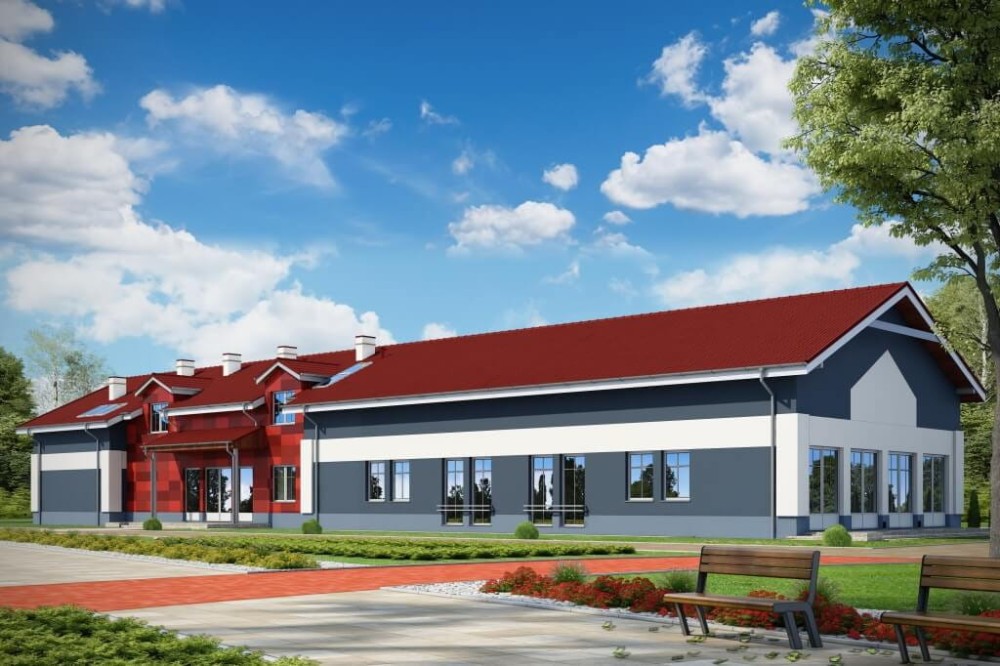 Projekt budynku gastronomicznego z zapleczem noclegowym K-110, niepodpiwniczony z parterem i poddaszem użytkowym-kolorystyka wersja 4