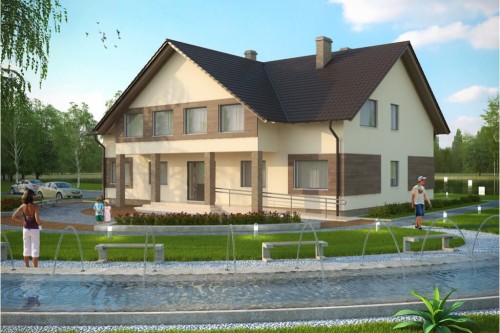 Projekt motelu, budynku noclegowego K-61, parterowy z poddaszem użytkowym, bez podpiwniczenia z ogrodem zimowym, bez garażu - kolorystyka wersja 1