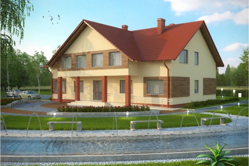 Projekt motelu, budynku noclegowego K-61, parterowy z poddaszem użytkowym, bez podpiwniczenia z ogrodem zimowym, bez garażu - kolorystyka wersja 2