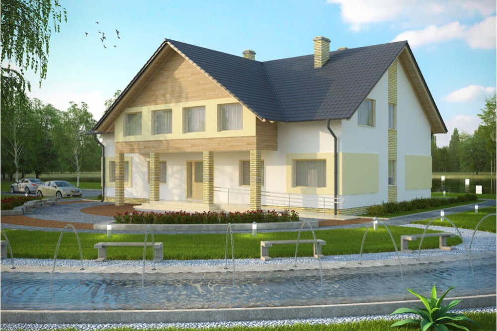 Projekt motelu, budynku noclegowego K-61, parterowy z poddaszem użytkowym, bez podpiwniczenia z ogrodem zimowym, bez garażu - kolorystyka wersja 3
