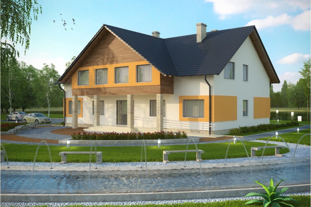 Projekt motelu, budynku noclegowego K-61, parterowy z poddaszem użytkowym, bez podpiwniczenia z ogrodem zimowym, bez garażu - kolorystyka wersja 4