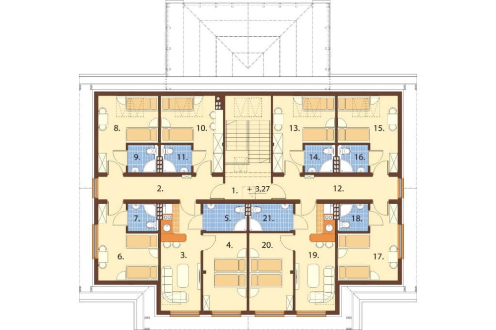 Projekt motelu, budynku noclegowego K-61, parterowy z poddaszem użytkowym, bez podpiwniczenia z ogrodem zimowym, bez garażu - rzut poddasza