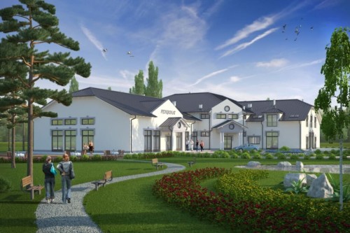 Projekt hotelu, pensjonatu, domu weselnego K-40,  parterowy z poddaszem użytkowym, bez podpiwniczenia - kolorystyka wersja 1
