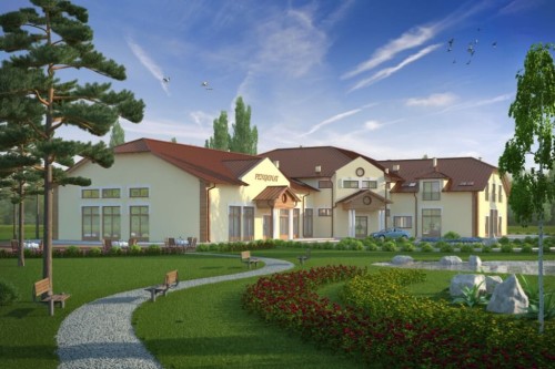 Projekt hotelu, pensjonatu, domu weselnego K-40,  parterowy z poddaszem użytkowym, bez podpiwniczenia - kolorystyka wersja 2