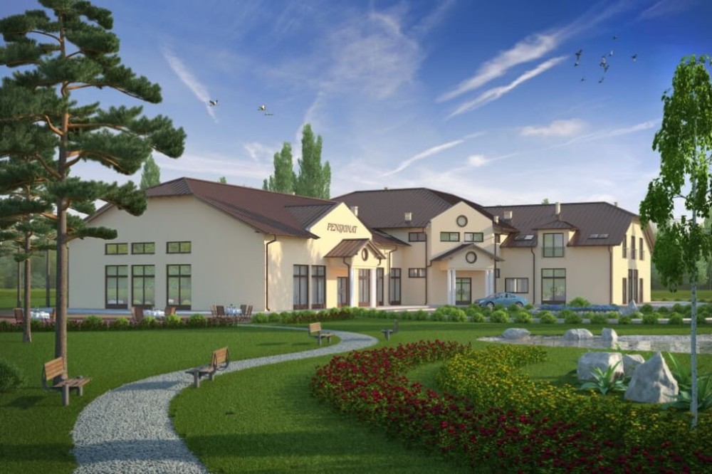 Projekt hotelu, pensjonatu, domu weselnego K-40,  parterowy z poddaszem użytkowym, bez podpiwniczenia - kolorystyka wersja 3