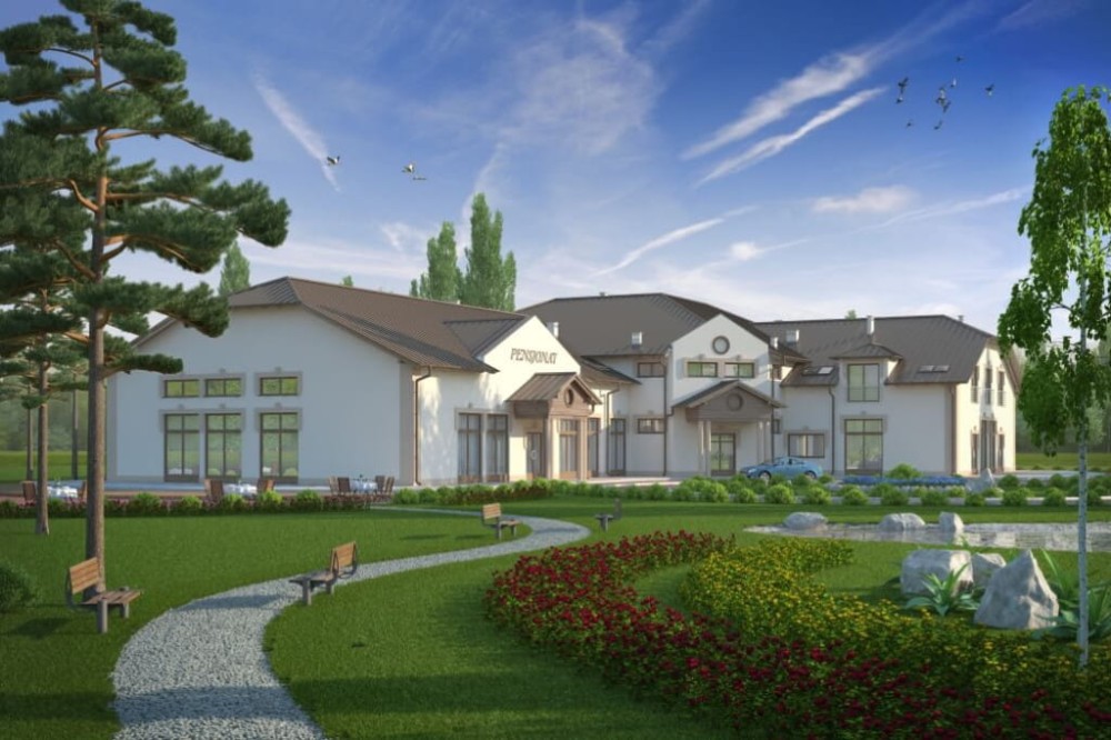 Projekt hotelu, pensjonatu, domu weselnego K-40,  parterowy z poddaszem użytkowym, bez podpiwniczenia - kolorystyka wersja 4