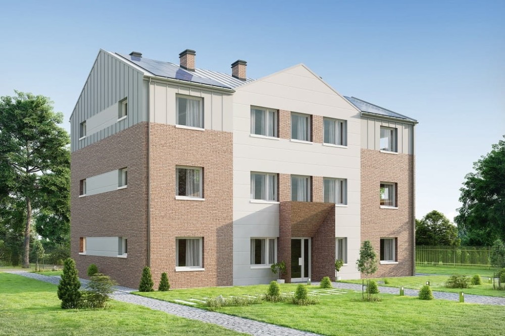 Projekt hostelu K-135, posiada 3 kondygnacje - parter, I piętro, II piętro - wizualizacja elewacji