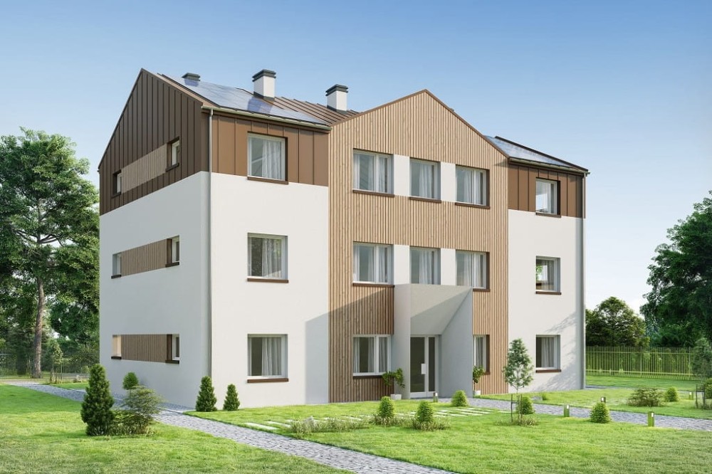 Projekt hostelu K-135, posiada 3 kondygnacje - parter, I piętro, II piętro - wizualizacja elewacji