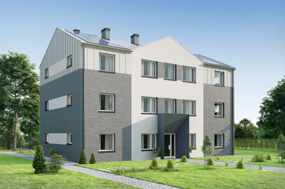 Projekt hostelu K-135, posiada 3 kondygnacje - parter, I piętro, II piętro - wizualizacja elewacji