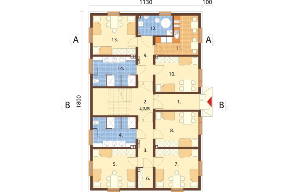 Projekt hostelu K-135, posiada 3 kondygnacje - parter, I piętro, II piętro - rzut parteru