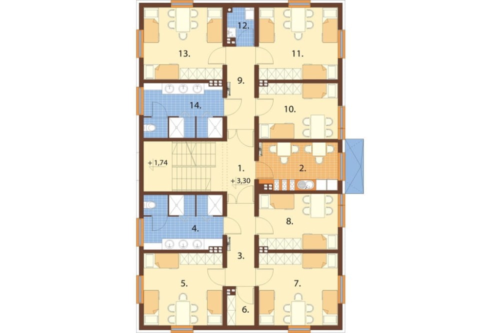 Projekt hostelu K-135, posiada 3 kondygnacje - parter, I piętro, II piętro - rzut I piętra