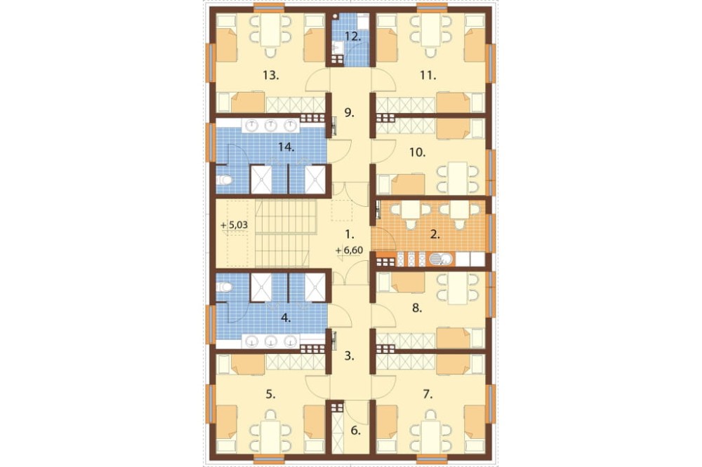 Projekt hostelu K-135, posiada 3 kondygnacje - parter, I piętro, II piętro - rzut II piętra