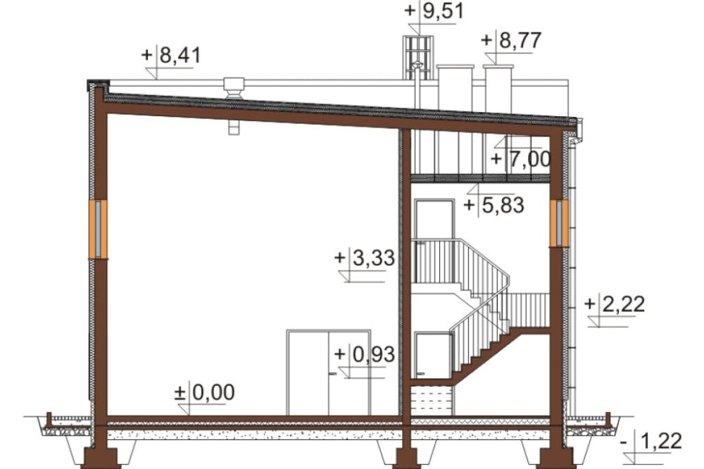 Projekt hali magazynowo-produkcyjnej K-83, piętrowy, niepodpiwniczony - przekrój A-A