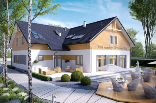 Projekt budynku gastronomicznego z zapleczem noclegowym i częścią mieszkalną K-58 B, parterowy z poddaszem użytkowym, podpiwniczony, z garażem dwustanowiskowym - kolorystyka wersja 1