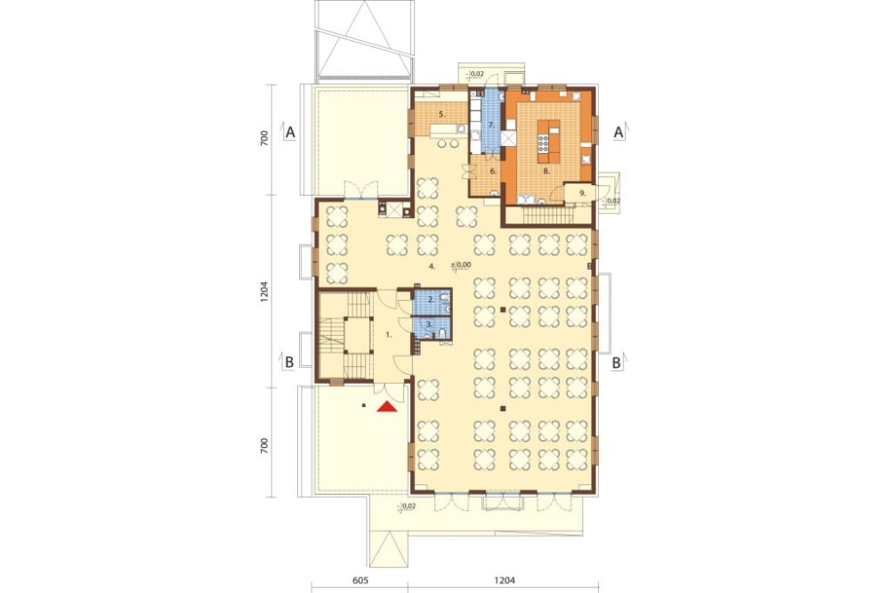 Projekt budynku gastronomicznego z zapleczem noclegowym i częścią mieszkalną K-58 B, parterowy z poddaszem użytkowym, podpiwniczony, z garażem dwustanowiskowym - rzut parteru