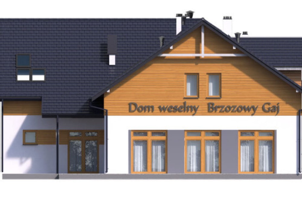 Projekt budynku gastronomicznego z zapleczem noclegowym i częścią mieszkalną K-58 B, parterowy z poddaszem użytkowym, podpiwniczony, z garażem dwustanowiskowym - elewacja frontowa