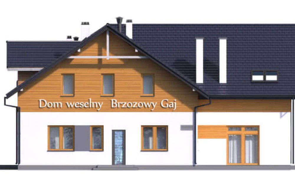 Projekt budynku gastronomicznego z zapleczem noclegowym i częścią mieszkalną K-58 B, parterowy z poddaszem użytkowym, podpiwniczony, z garażem dwustanowiskowym - elewacja ogrodowa