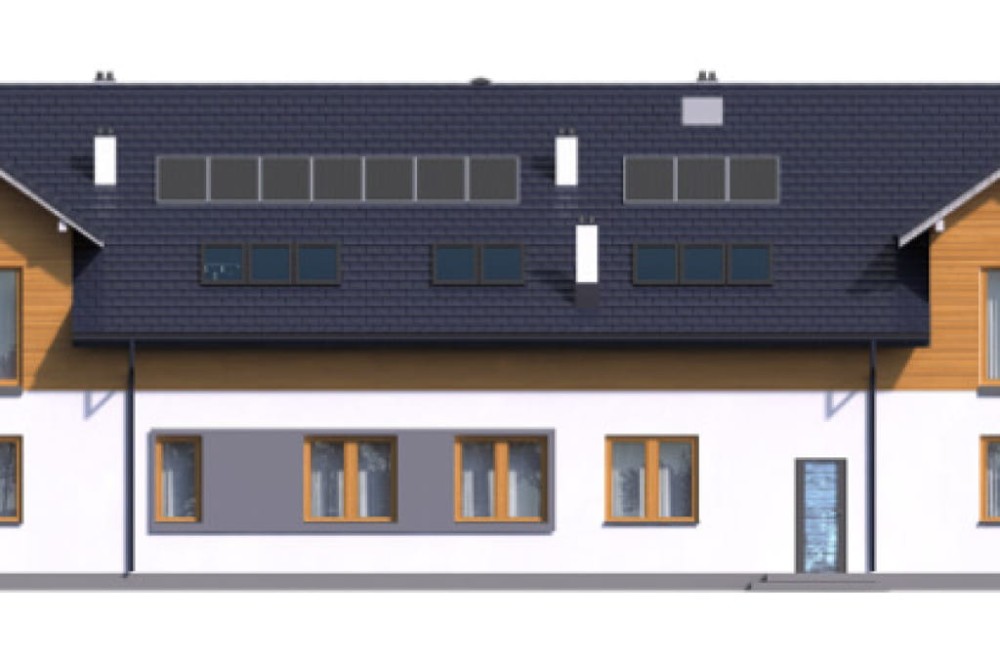 Projekt budynku gastronomicznego z zapleczem noclegowym i częścią mieszkalną K-58 B, parterowy z poddaszem użytkowym, podpiwniczony, z garażem dwustanowiskowym - elewacja prawa